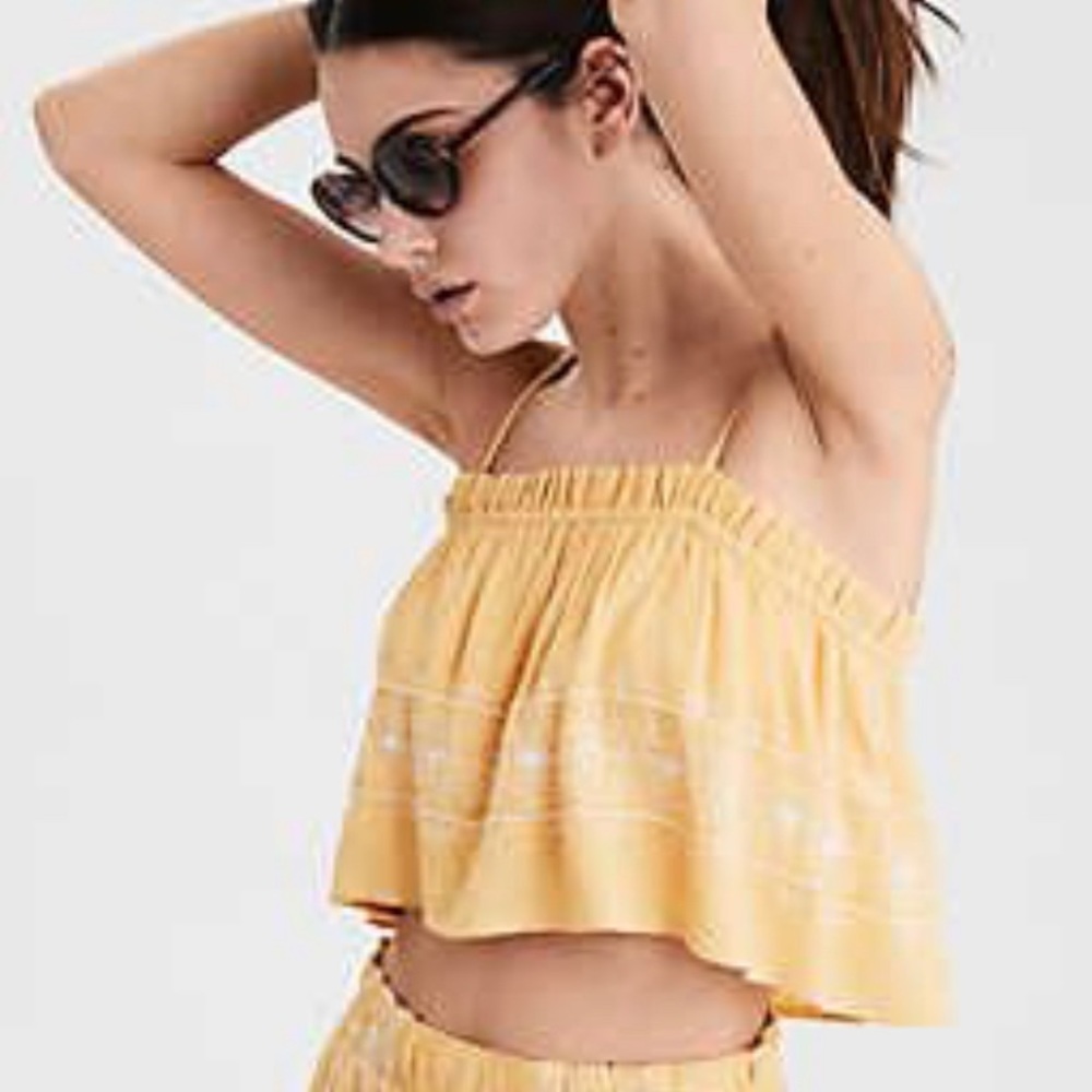 yellow flowy cropped tube top
